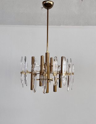 Large Mid-Century Italian Brass and Crystal Glass Chandelier attributed to Gaetano Sciolari, 1970s-VNE-1401212