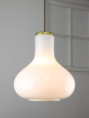 Large Mid-Century Italian Brass and Opaline Glass Pendant Lamp-HGJ-1757152