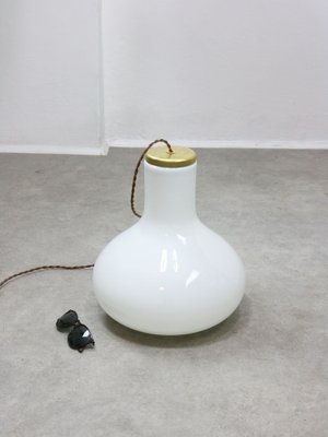 Large Mid-Century Italian Brass and Opaline Glass Pendant Lamp-HGJ-1757152