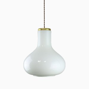 Large Mid-Century Italian Brass and Opaline Glass Pendant Lamp-HGJ-1757152