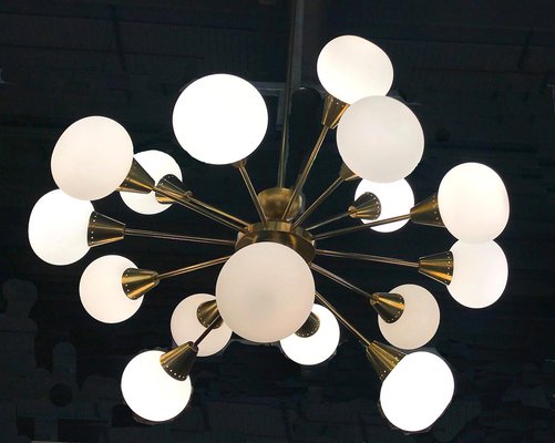 Large Mid-Century Italian Brass and Opaline Murano Glass Sputnik Chandelier-MBH-1031708