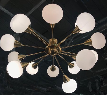 Large Mid-Century Italian Brass and Opaline Murano Glass Sputnik Chandelier-MBH-1031708