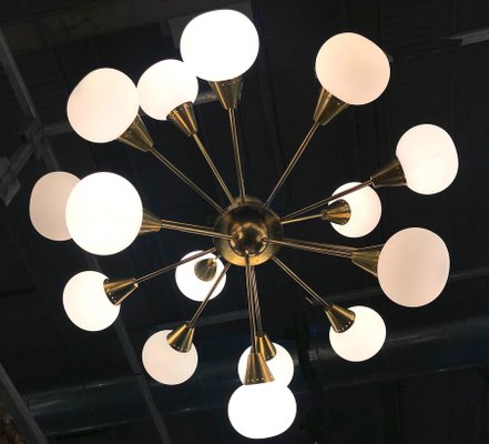 Large Mid-Century Italian Brass and Opaline Murano Glass Sputnik Chandelier-MBH-1031708