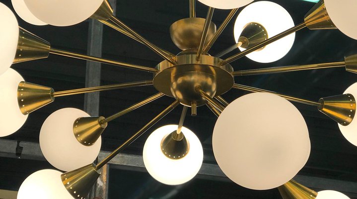 Large Mid-Century Italian Brass and Opaline Murano Glass Sputnik Chandelier-MBH-1031708