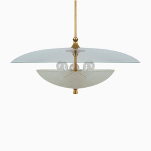 Large Mid-Century Italian Glass and Brass Ceiling Lamp-SAV-1080138