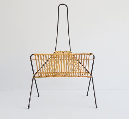 Large Mid-Century Metal and Bast Magazine Rack-BLG-684814