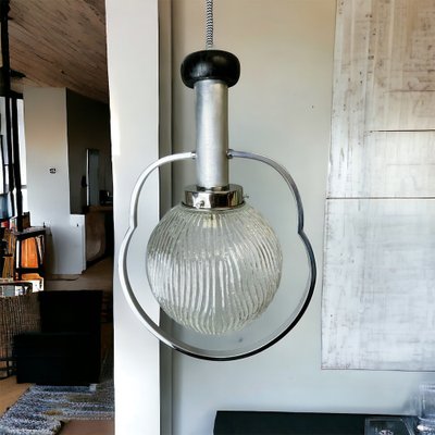 Large Mid-Century Modern Chrome and Textured Glass Globe Hanging Lamp, 1960s-SCS-1802111