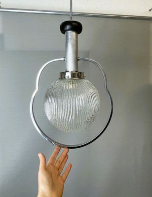 Large Mid-Century Modern Chrome and Textured Glass Globe Hanging Lamp, 1960s-SCS-1802111