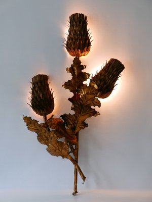 Large Mid-Century Modern Gilt Metal Three Flamed Thistle Flower Sconce, 1960s-WPT-1112851