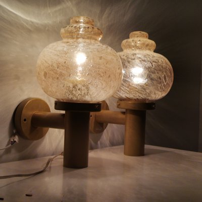 Large Mid-Century Modern Metal and Hand-Blown Glass Wall Lamps, 1960s, Set of 2-SCS-1105606