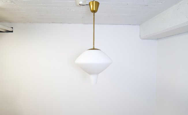 Large Mid-Century Modern Opaline & Brass Pendant from Asea, Sweden, 1940s-UYK-1216765