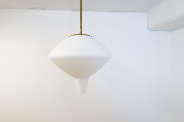 Large Mid-Century Modern Opaline & Brass Pendant from Asea, Sweden, 1940s-UYK-1216765