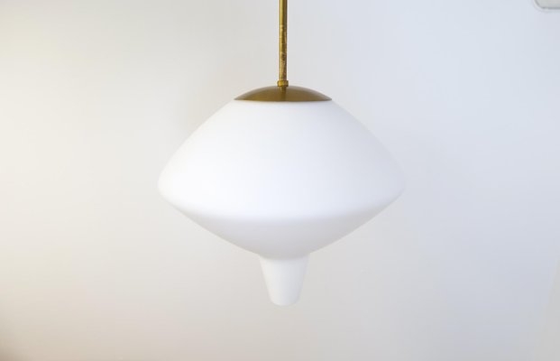 Large Mid-Century Modern Opaline & Brass Pendant from Asea, Sweden, 1940s-UYK-1216765