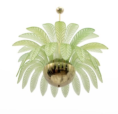 Large Mid-Century Modern Palm Leaf Chandelier in Murano Glass and Brass, 1970s-FER-1798020