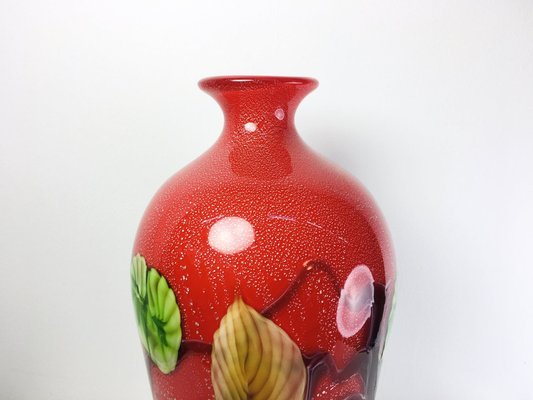 Large Mid-Century Modern Red Murano Glass Vase with Floral Motifs, 1970s-UWE-1779513