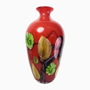 Large Mid-Century Modern Red Murano Glass Vase with Floral Motifs, 1970s-UWE-1779513