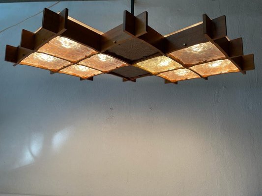 Large Mid-Century Modern Wood and Textured Glass Ceiling Lamp, 1960s-RDS-1146546