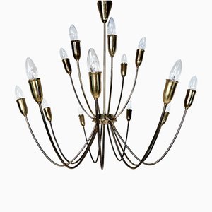 Large Mid-Century Patinated 15-Arm Brass Chandelier, Germany, 1950s-JP-1818702