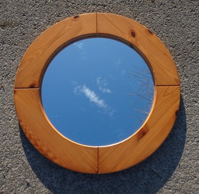 Large Mid-Century Scandinavian Pitch Pine Round Wall Mirror-AWL-1297582