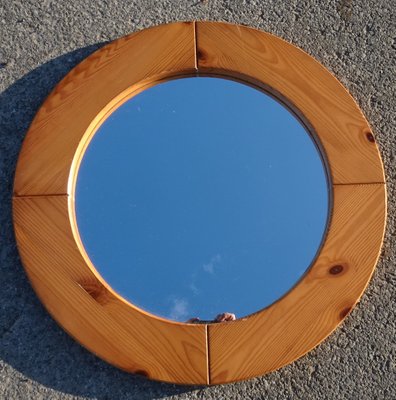 Large Mid-Century Scandinavian Pitch Pine Round Wall Mirror-AWL-1297582