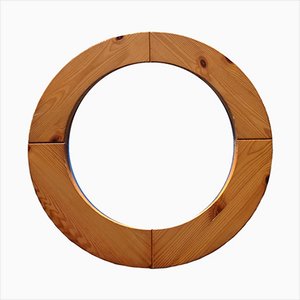 Large Mid-Century Scandinavian Pitch Pine Round Wall Mirror-AWL-1297582