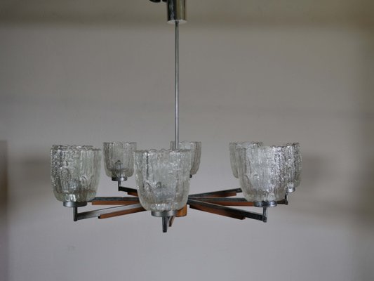 Large Mid-Century Teak and Frosted Glass Chandelier, 1960s-LVS-688119