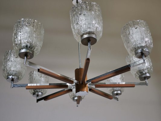 Large Mid-Century Teak and Frosted Glass Chandelier, 1960s-LVS-688119