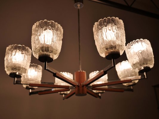 Large Mid-Century Teak and Frosted Glass Chandelier, 1960s-LVS-688119