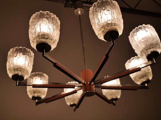 Large Mid-Century Teak and Frosted Glass Chandelier, 1960s-LVS-688119