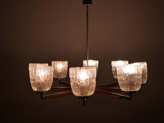 Large Mid-Century Teak and Frosted Glass Chandelier, 1960s-LVS-688119