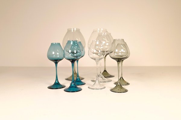 Large Mid-Century Tulip Glasses by Nils Landberg for Orrefors, Sweden, 1950s, Set of 9-UYK-1147458