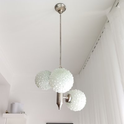 Large Mid-Century White Opaline Bubble Glass and Nickel 3-Light Chandelier-SCS-1091769