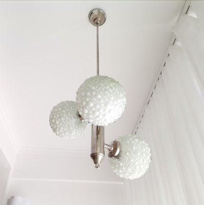 Large Mid-Century White Opaline Bubble Glass and Nickel 3-Light Chandelier-SCS-1091769