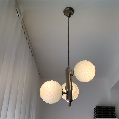 Large Mid-Century White Opaline Bubble Glass and Nickel 3-Light Chandelier-SCS-1091769