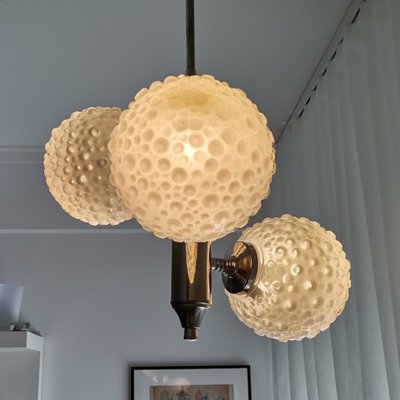 Large Mid-Century White Opaline Bubble Glass and Nickel 3-Light Chandelier-SCS-1091769