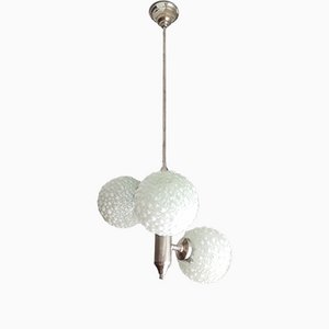 Large Mid-Century White Opaline Bubble Glass and Nickel 3-Light Chandelier-SCS-1091769