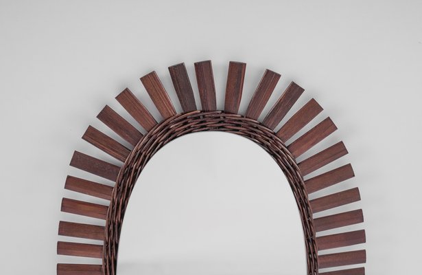 Large Mid-Century Wood and Wicker Wall Mirror, 1960s-KQB-1437939