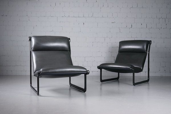 Large Model 2001 Lounge Chairs in Black Leather by Bruce Hannah and Andrew Ivar Morrison for Knoll International, 1970s, Set of 2-XNJ-1754654