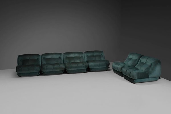 Large Modular Nuvolone Sofa in Green Fabric attributed to Rino Maturi, 1970s, Set of 6-QT-1799963