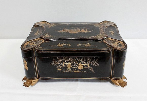 Large Napoleon III Japonaiserie Wooden Box Painted Black, Mid-19th Century-RVK-968588