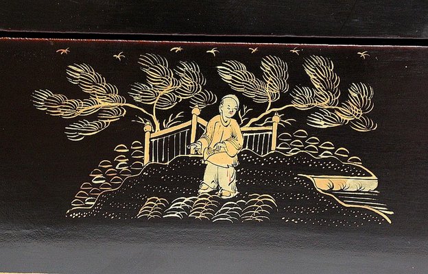 Large Napoleon III Japonaiserie Wooden Box Painted Black, Mid-19th Century-RVK-968588