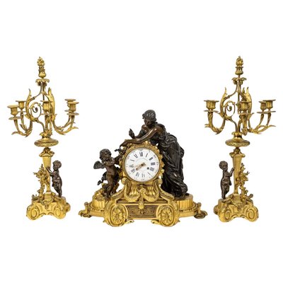 Large Ormolu and Patinated Bronze Mantel Set, 19th Century, Set of 3-WFS-2035201