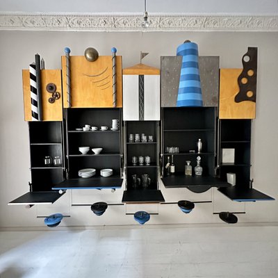 Large Postmodern Wall Unit in Metal and Lacquered Plywood, 1980s-FB-1783644