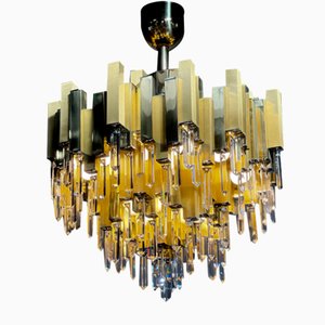 Large Prismatic Crystal Chandelier in Golden Brass from Bd Lumica, 1970s-LA-1778132