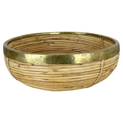 Large Rattan and Brass Bowl in the style of Franco Albini, Italy, 1970s-QZ-1817191