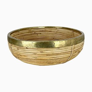 Large Rattan and Brass Bowl in the style of Franco Albini, Italy, 1970s-QZ-1817191