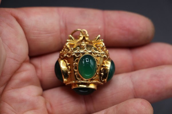 Large Renaissance Style Pendant Figuring a Gold Crown Decorated with Green Stone, 1950s-KMQ-2040934