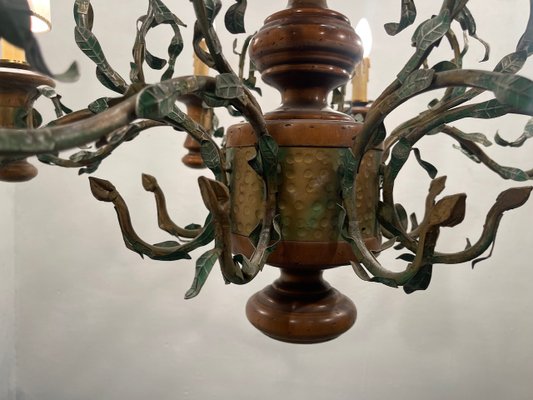 Large Rustic Wooden Chandelier in Wrought Iron, 1960s-JJC-2031318