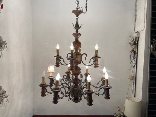 Large Rustic Wooden Chandelier in Wrought Iron, 1960s-JJC-2031318