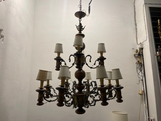 Large Rustic Wooden Chandelier in Wrought Iron, 1960s-JJC-2031318